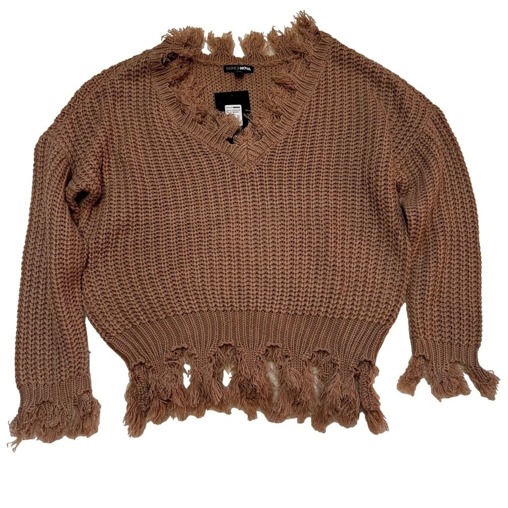Fashion Nova Always Distressing Me Out Sweater Mocha Size XS Frayed Raw Edges